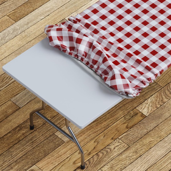 Sorfey Tablecover -Fitted with Elastic, Vinyl with Flannel Back, Fits for Table 72"x 30" Rectangle,Water Proof, Easy to Clean, Checked Burgundy Design
