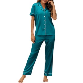 KCW Satin Pajamas for Women Silk Pajama Set Short Sleeve Top with Pants Satin Loungwear Notch Collar Button Down Sleepwear