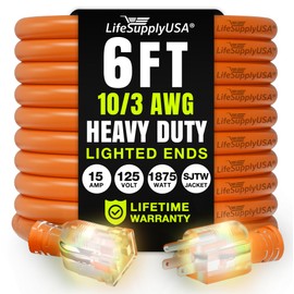6ft Outdoor/Indoor Extension Cord 10/3 Gauge Ultra Heavy Duty 3 Prong SJTW, Waterproof, Flexible Cold-Resistant Long Power Cord,125 Amp 1875W, Black by LifeSupplyUSA