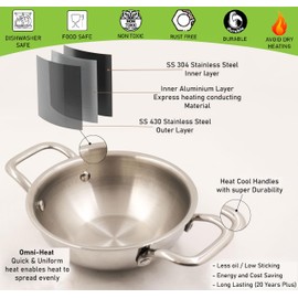 Spillbox Stainless Steel Sandwich Triply Kadhai | Kadai | Wok| Nonstick 3-Layer Body | Steel Cookware | Induction safe | Dishwasher Safe | Food Grade |Heavy |FryPan |Curry |Stirfry |Deepfry (Dia-28cm)