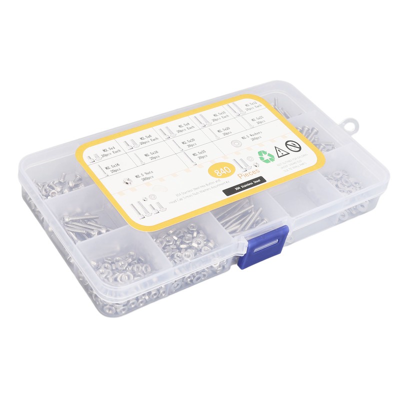 840Pcs Bolts Nuts Assortment Kit Metric M2.5 Assorted Cap Hex