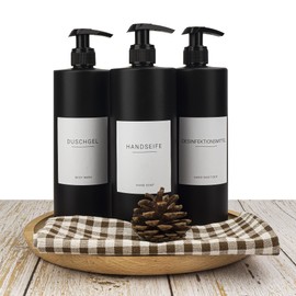 Ezebesta Pack of 3 500 ml Matte Black Plastic Soap Dispenser Pump Dispenser for Liquid Soap with 22 Stickers