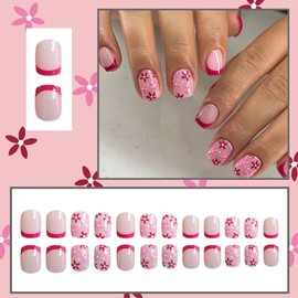 24 Pcs Spring French Pink Press on Nails Short Square - YIHONGYAN Fake Nails Press ons Nail Tips Acrylic Nail Art Kit Glue on Nails Full Cover Cute Flowers False Nails Stick on Nails for Women