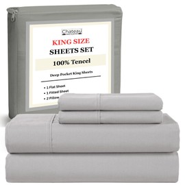 CHATEAU HOME COLLECTION Tencel Cotton Sheet Set, Soft, Breathable 300 Thread Count Oeko-TEX Certified King Bed Sheets, Cooling Sheets, Fits Mattresses Upto 17"- Silver