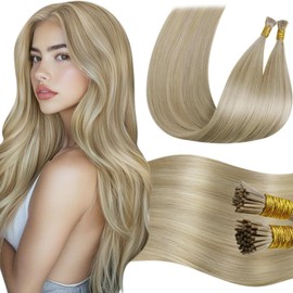 LaaVoo Itip Human Hair Extensions Blonde I Tip Hair Extensions Human Hair Light Blonde Highlights Golden Blonde Itip Extensions Human Hair 18 Inch 1g/s 50 strands
