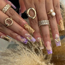 MERVF Press on Nails Long Square Purple Ombre French Tip Fake Nails Glue ons Acrylic Nail Gold Sun Luxury 3D Butterfly Design Handmade Glossy 24pcs