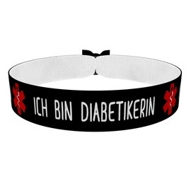 Ich bin Diabetikerin schwarz - Stoffarmband - wasserfestes Satinarmband - Notfallarmband für Erwachsene - Gesundheitsarmband mit Notfallinformationen - langlebig und stylisch