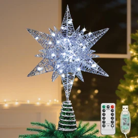 Lewondr Christmas Star Tree Topper, USB Powered Remote Controlled 11 Inch Multilayer Hexagonal Tree Toppers Christmas Decor with 8 Light Modes for Home Holiday Xmas, Timer Function, Silver