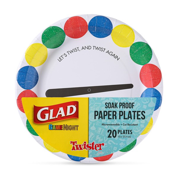 Glad Game Night Twister Disposable Paper Plates | Soak Proof, Cut-Proof, Microwaveable, Heavy Duty Disposable Plates for Family Game Night, Twister Game | 10" Paper Plates, 20 Ct