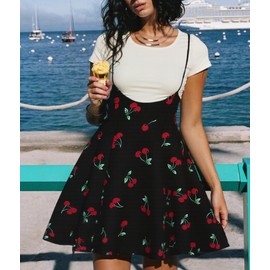 YOINS Cherry Print Suspender Skirts for Women Pinafore Dress High Waist Mini Skirts Black XX-Large