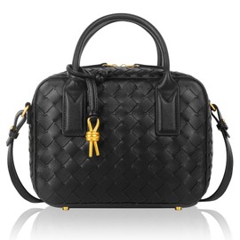 Women's Handmade Woven Top-handle Bag Fashion Leather Shoulder Handbag Crossbody Purse Woven Purse for Women(Black)