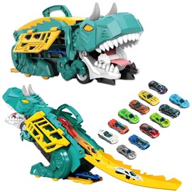 TOPTHEROAD Dinosaurios Juguetes Niños y Niñas, Pista de Dinosaurios con 12 Autos, Puede Comerse Coches y Transformarse Dinosaurio de Pie Adecuado como Regalo de Navidad, Cumpleaños (Verde)