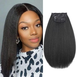 Kinky Straight Clip in Hair Extensions for Black Women Full Head Yaki Kinky Straight Synthetic Hair Clip ins Hair Natural Black 4Pcs 11 Clips 125g/Set (14 inch)