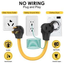 Plug and Play Dryer Adapter 4 Prong to 3 Prong 1.5FT 30 Amp with Safety Ground Wire NEMA 10-30P Male to 14-30R Female Outlet Plug Power Cord