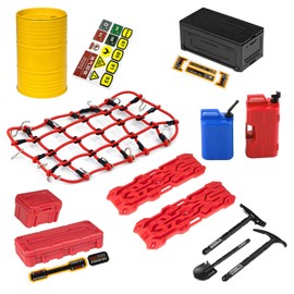 RC Crawler Car Decoration Kits Mini Luggage Net,Simulation Luggage,Camping Box,Oil Drum,Fuel Tanks,Recovery Board,Mini Shovel & Axe & Pickaxe Tools for 1/10 Trx4 Trx6 Axial SCX10 Redcat GEN 7 8 Rc4wd