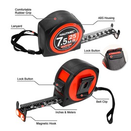 HAUTMEC Measuring Tape 25Ft-Double Side Metric and Inches Black Tape, Retractable Tape Measure with Double Stop Buttons,Magnetic Hook and Compact Case for Construction, Carpenter, Architect HT0253-TM