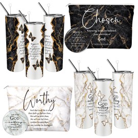 Geiserailie 6 Pcs Christian Gifts for Women 20oz Marble Tumbler, Makeup Bag, Pocket Mirrors, Inspirational Bible Verse Gift Set for Church, Sunday School, Christmas (Mono Color)