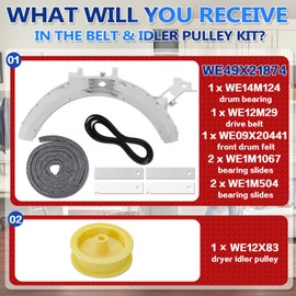 WE49X21874 Dryer Bearing Kit and WE12X83 Dryer Idler Pulley with WE14M124 Drum Bearing WE09X20441 Front Drum Felt WE12M29 Drive Belt WE1M1067 and WE1M504 Bearing Slides Fit for GE