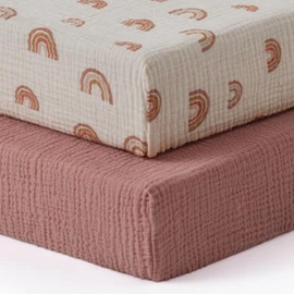 Blissful Diary Muslin Crib Sheets for Girl Boy, Boho Neutral Soft Cotton Baby Sheet for 52''x28'' Standard Crib Mattress, 2 Pack, Dusty Pink&Rainbow