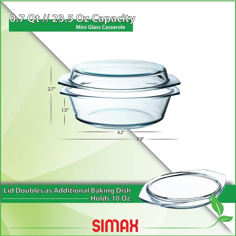 Simax Casserole Dish With Lid, 24 Ounce Round Glass Cookware,