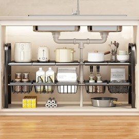 HAMON Sink Organiser, 2 Levels Expandable Under Sink Organiser, 53-88 cm, Kitchen Organiser, 5 Removable Baskets and 5 Removable Panels for Kitchen, Bathroom Storage, Black