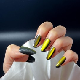 INCHIC Golden Armor, Long Almond, Shining Golden Cat Eye, 30 Pcs Press on Nail