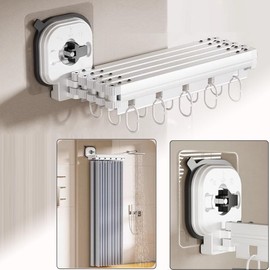 Foldable Shower Curtain Rod with Shower Curtain (5.9' x 6.5'), 5-Fold Wall-Mounted Corner Curtain Rods with 12 Rings, Suction Cups Shower Curtain Rod for Bathroom Bathtub No Drill