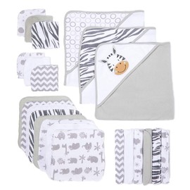 Spasilk Baby 23 Piece Bath Hooded Towels & Washcloths Set for Newborn Boys & Girls, White Zebra