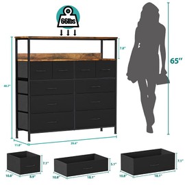 VASICAR 10 Storage Drawers Dresser with Shelves, Tall Fabric Dresser, Chest of Drawers for Closet, Nursery, Bedside, Living Room, Laundry, Entryway, Hallway, Free Drawer Divider (Black)
