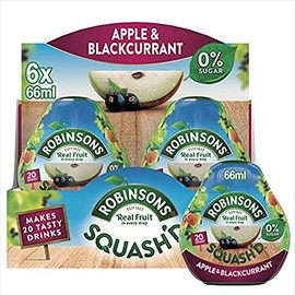 Robinsons SQUASH'D, 0 Percent Sugar, Real Fruit Squash, Low Calorie, Apple & Blackcurrant, Makes 20 Drinks Per Pack, 6 x 66 ml Packs