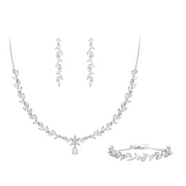 Clearine Wedding Jewellery Set for Bridal Bridesmaid, Marquise Cubic Zirconia Leaf Cluster Pendant Necklace Pierced Dnagle Earrings Set Clear Silver-Tone