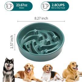 8.26 in Deep Green Dog Bowl Slow Feeder Ceramic for Medium and Large Breed,Slow Feeding Dog Food Water Dish Heavy Weighted,Puppy Dish for Fast Eaters,Puzzle Eating Bowl Meteor