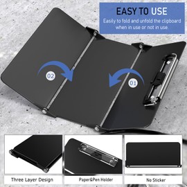 Clipboard Foldable Without Edition Cheat Charts, 3 Layers Aluminum, Nurse Board w/Low Profile Clip&Pen Clip Pocket, Black