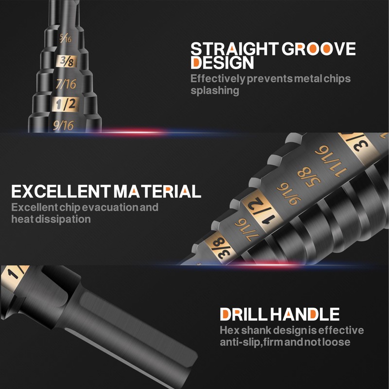 KSEIBI #4 HSS Step Drill Bit Set 3/16-7/8" with 3/8