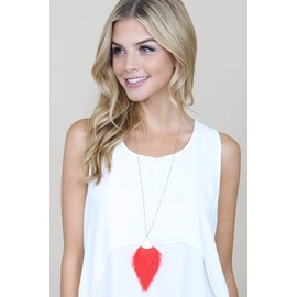 RIAH FASHION Antique Bohemian Silky Thread Fan Tassel Statement Necklace - Vintage Gold Feather Shape Strand Fringe Lightweight Long Chain (Feather Fringe - Red)