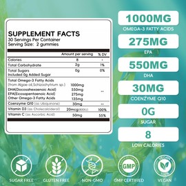 2 Pack Vegan Omega 3 Gummies 1000mg with Coq 10, Vitamin D3,E,C,Omega 3 Fish Oil Alternative for Adults, Plant Based DHA 550mg & EPA 275mg for Brain, Mobility, Eye, Sugar Free, 120 Count