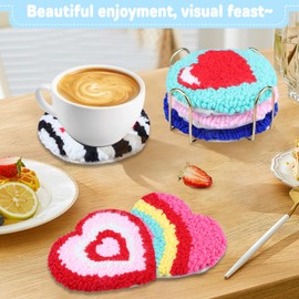 AIRDEA Heart Punch Needle Coasters Kit for Beginners,Colorful Heart Punch Needle Embroidery Kits for Adults,Included All Accessories,DIY Love Heart Car Coasters,Drink Coasters,3.29x3.29 Inches
