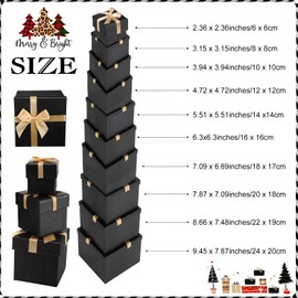 Tenceur 10 Pcs Christmas Nested Gift Boxes with Lids Assorted Sizes Gift Boxes for Presents Gift Box with Ribbon for Birthdays, Weddings, Housewarmings, Anniversaries, Valentines(10 Size,Black, Gold)