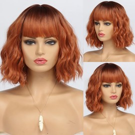EssionTech Short Copper Red Wigs for Women Fox Red Wig Ombre Red Dark Root Culy Bob Wigs with Bangs Ginger Hair Wig Wavy Synthetic Wigs(12Inches)