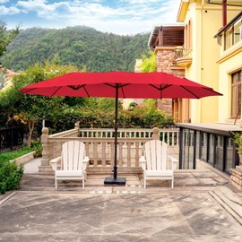 15' Ft Double-Sided Large Patio Umbrella Twin Sunshade Anti-UV Water Rust Resistant | Durable Heavy Duty Steel Pole Crank Lift, Wind Vent | All Season Rectangular Modern Retro Style Atomic Red Color