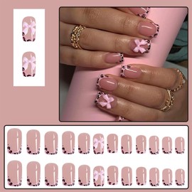Leopard Print French Tip Press on Nails Square Short Fake Nails with Pink Bow Rhinestones Design Pink Full Cover False Nails s Ballerina Stick on Nails Acrylic Artificial Nails for Women Girls 24Pcs