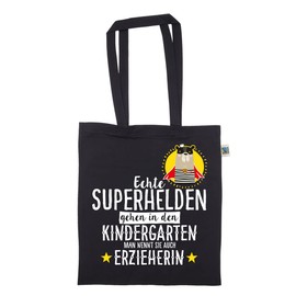 clothinx Erzieherin Fabric Bag with Saying - Echte Superhelden gehen in den Kindergarten man nennt sie auch Erzieherin - Gift Farewell - Organic & Fair Cotton Long Handle, black