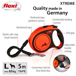 Flexi Xtreme Tape Orange & Black Large 5m Retractable Dog Leash/Lead for dogs up to 65kgs/143lbs