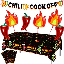 10 Pcs Chili Cook Off Decorations Set Chili Cook Off Banner Chili Pepper Disposable Tablecloth Plastic Table Cover Chili Balloons Fire Balloons Chili Cook Off Supplies Chili Pepper Decorations