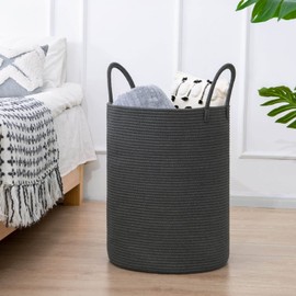 Goodpick Laundry Basket, Baby Cotton Rope Basket Tall Storage Basket for Clothes, Blankets, Toys, Towels, Grey Laundry Hamper for Nursery, Living Room, Bedroom, Bathroom, 15 x 20 inches, 58L