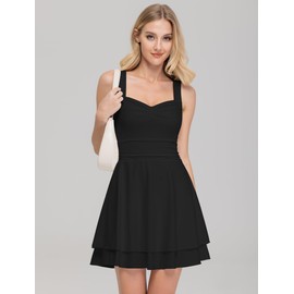 IWD Square Neck Flowy Mini Dress for Women Sleeveless Tank Top Ruched Waist Tiered Ruffle Hem Party Short Dresses Black Medium