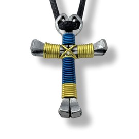 Sport Blue & Yellow Horseshoe Nail Cross Necklace