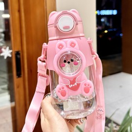 Cute Cartoon Water Bottle with Straw, Leak-Proof Design, Hand Washable, Shoulder Strap (PINK)
