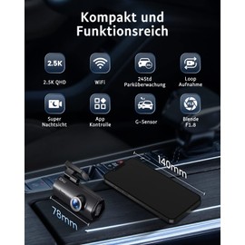 GKU Dash Cam Car Front, 2.5K 1600P WiFi Car Camera, 170° Wide Angle Mini Front Dash Camera for Cars, WDR, Super Night Vision, G-Sensor, Parking Monitoring, Loop Recording, App Control, Max 256GB