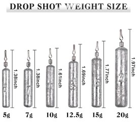 25pcs Fishing Sinker Weight Skinny Finesse Lead Drop Shot Hand Poured for Bass Trout Crappie Catfish, Pencil Drop Shot Weight Size 5g 7g 10g 12.5g 15g 20g